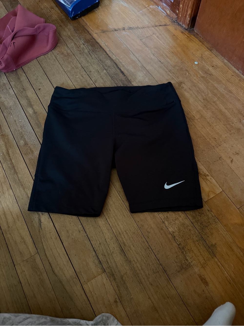 Nike Womenβs Black Athletic Bike Shorts with White Swoosh